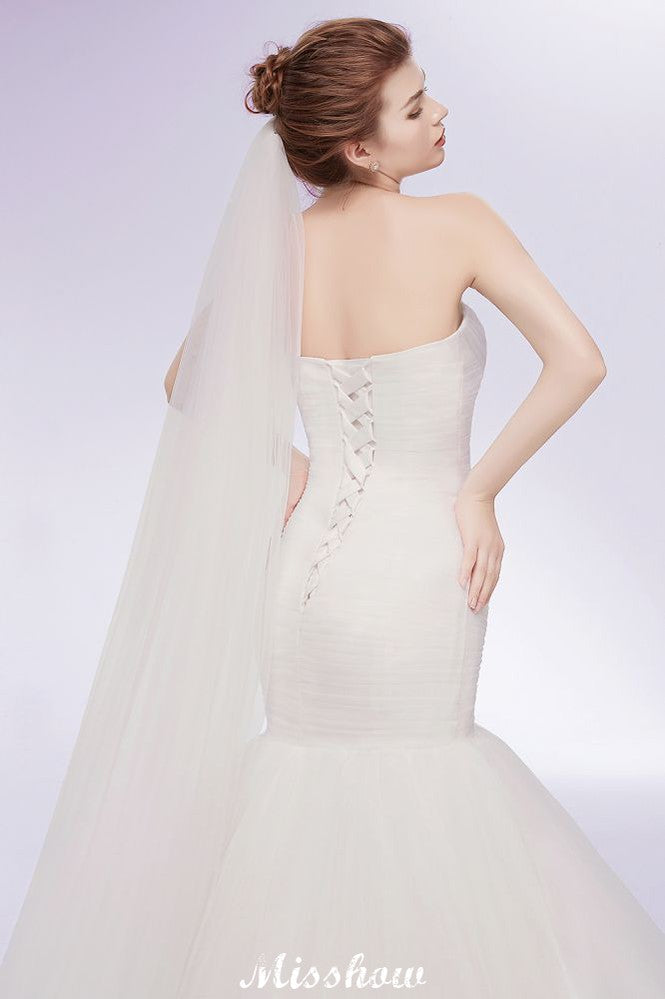 Vestidos de Noiva Marfim em Tule com Decote Coração, Estilo Sereia e Sem Alças, com Atacadores