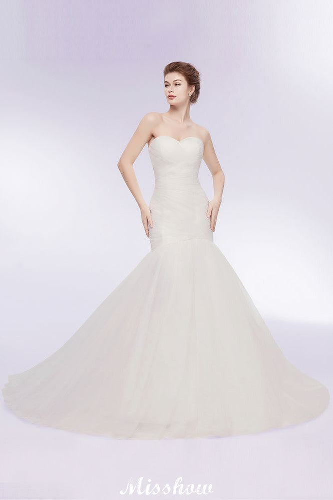 Vestidos de Noiva Marfim em Tule com Decote Coração, Estilo Sereia e Sem Alças, com Atacadores