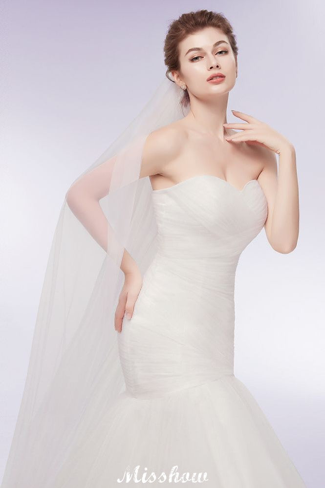Vestidos de Noiva Marfim em Tule com Decote Coração, Estilo Sereia e Sem Alças, com Atacadores