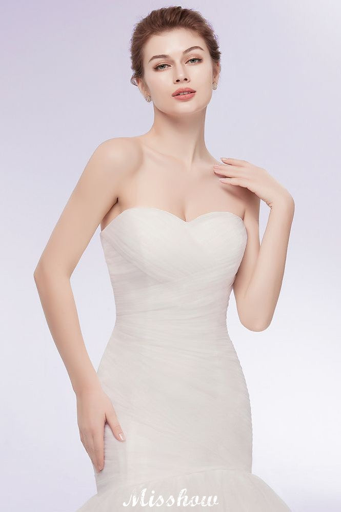 Vestidos de Noiva Marfim em Tule com Decote Coração, Estilo Sereia e Sem Alças, com Atacadores