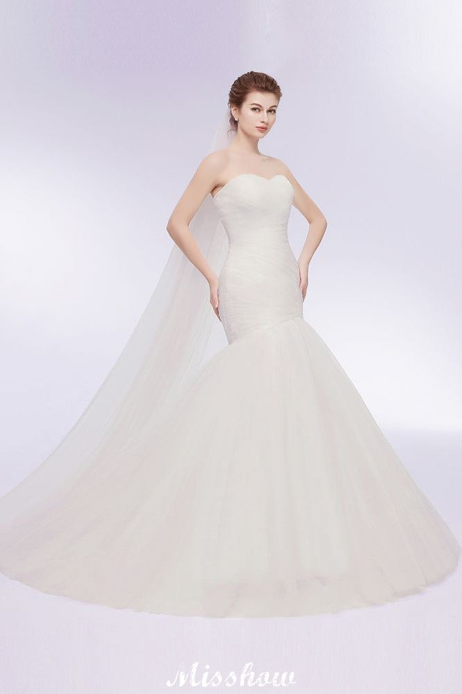 Vestidos de Noiva Marfim em Tule com Decote Coração, Estilo Sereia e Sem Alças, com Atacadores