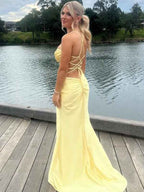 Yellow Satin Mermaid Prom Dress With Scoop Neck Beading Slit