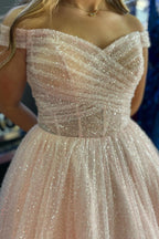Jayla | Vestido largo de gala rosa sonrosado brillante con escote cruzado y hombros descubiertos