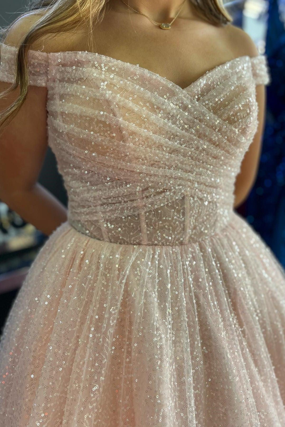 Jayla | Vestido largo de gala rosa sonrosado brillante con escote cruzado y hombros descubiertos