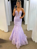 Jennon | Vestidos largos de gala con escote en V, tul y encaje lavanda estilo sirena