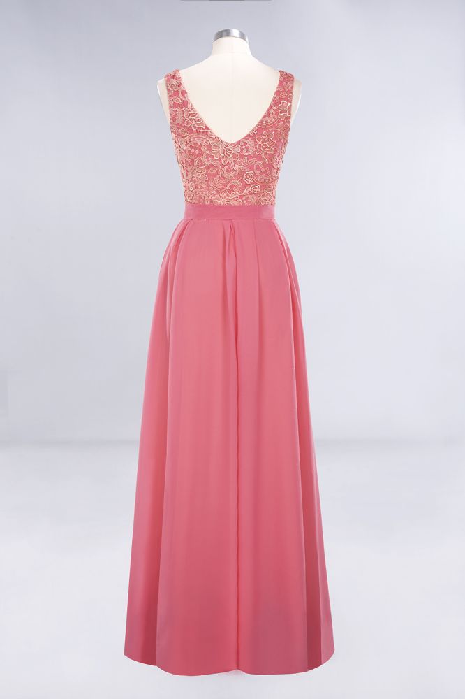 Jewel Ruffles Floral Lace Simple Prom Dresses | A-Line Sleeveless Coral Evening Dresses