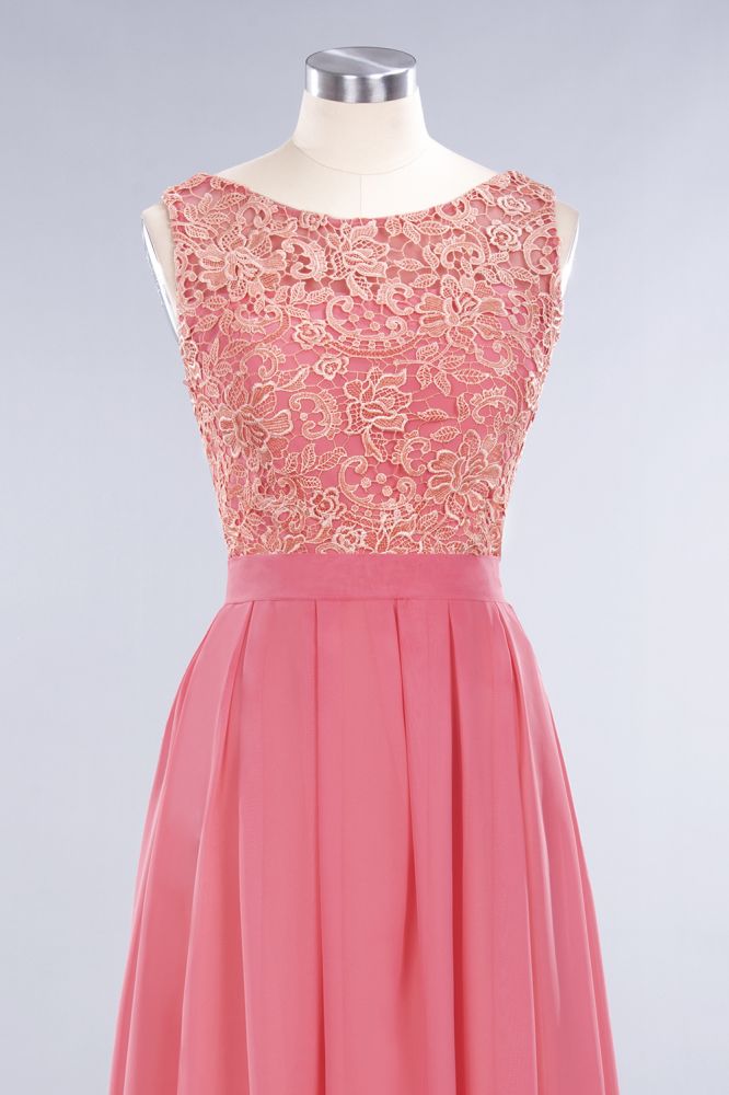 Jewel Ruffles Floral Lace Simple Prom Dresses | A-Line Sleeveless Coral Evening Dresses