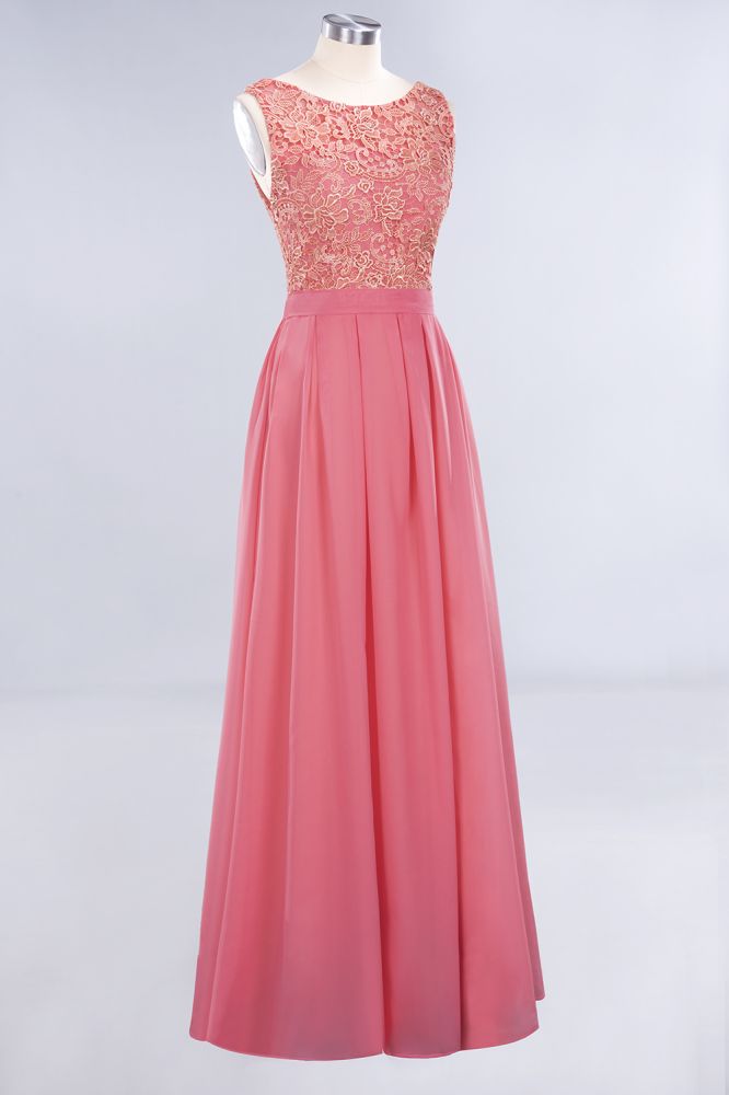 Jewel Ruffles Floral Lace Simple Prom Dresses | A-Line Sleeveless Coral Evening Dresses