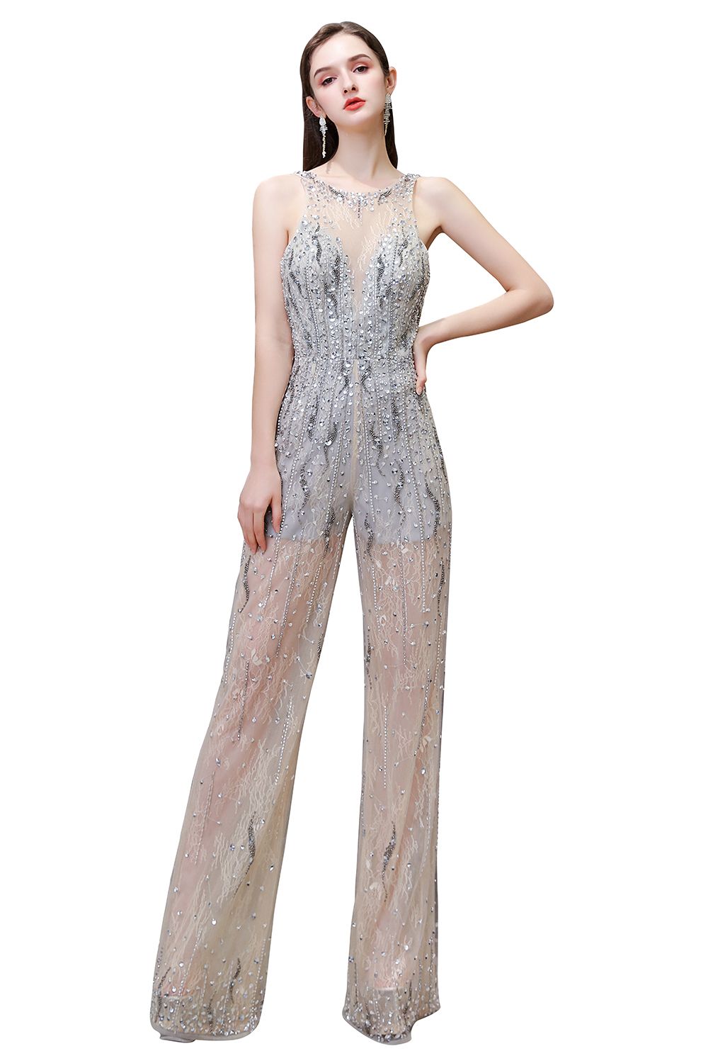 Tuta da sera senza maniche in tulle con paillettes Gioiello