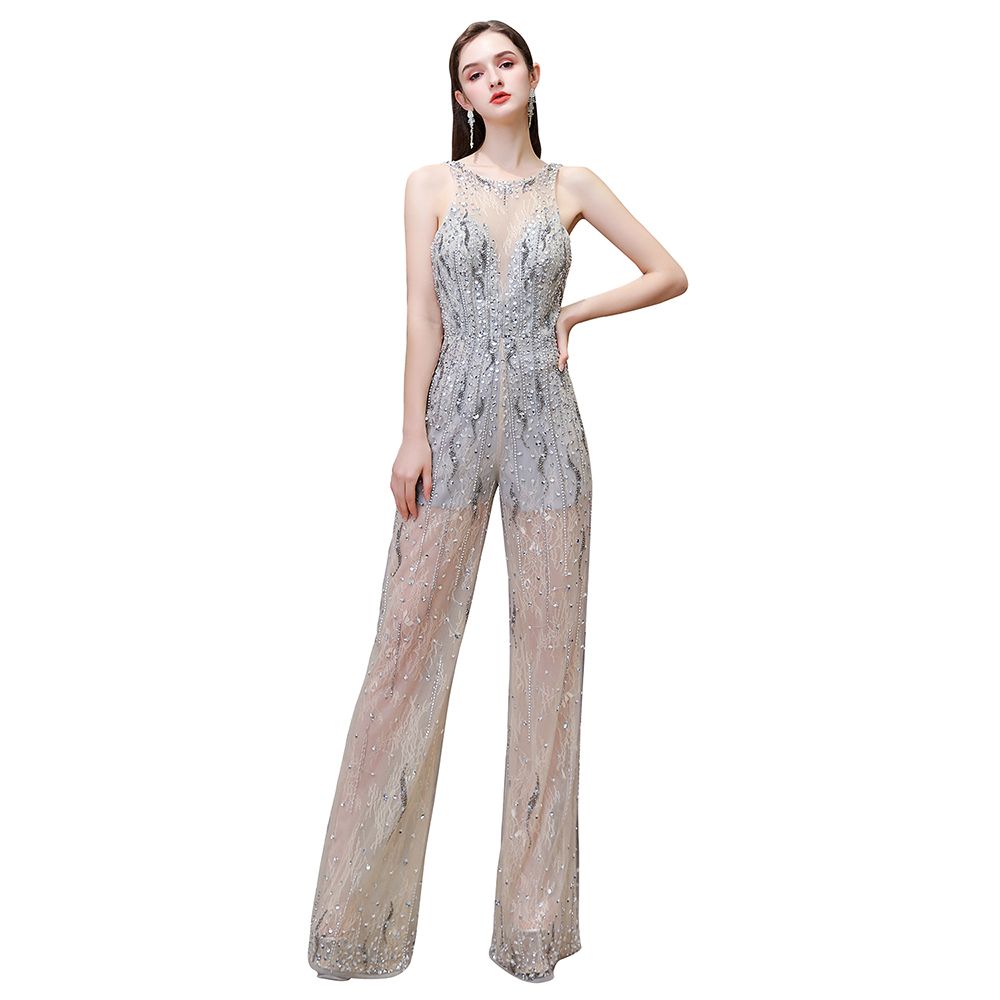Tuta da sera senza maniche in tulle con paillettes Gioiello