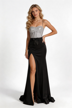 Silver Sparkle Corset Mermaid Gown with Black Satin Skirt by ZAPDRESS