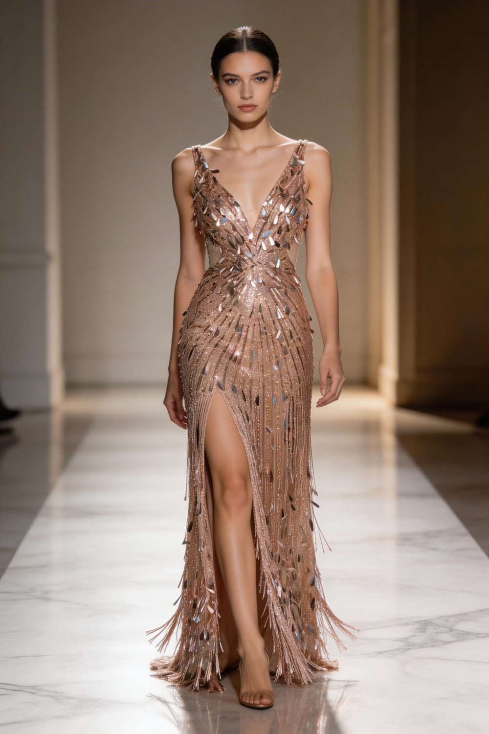 Opulent Champagne Blush Sequin Fringe Plunge V-Neck Formal Gown by ZAPDRESS