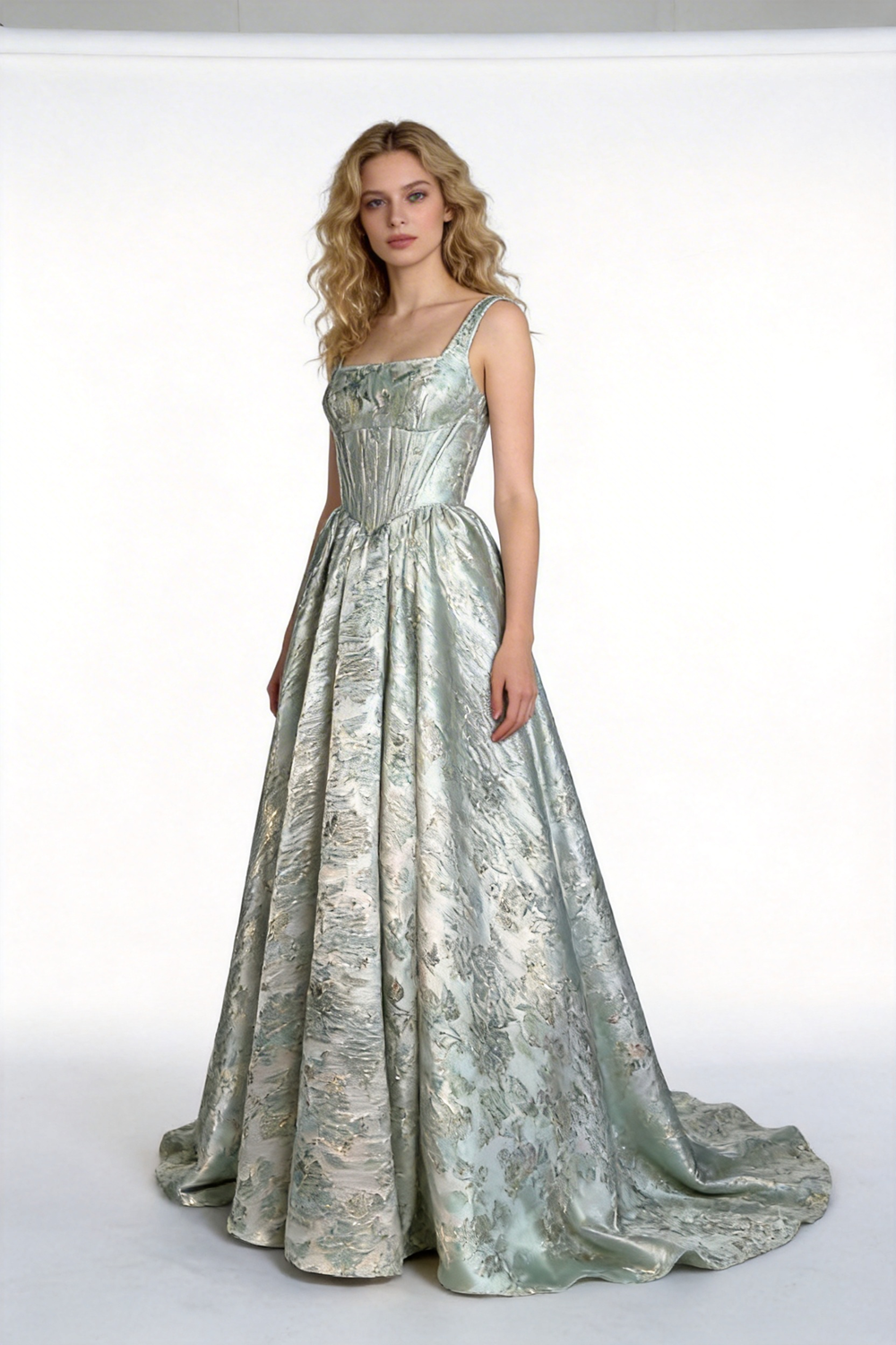 Mint Green Metallic Jacquard Square Neck Ball Gown by ZAPDRESS