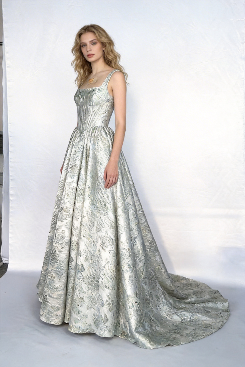Mint Green Metallic Jacquard Square Neck Ball Gown by ZAPDRESS
