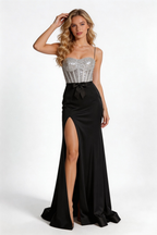 Silver Sparkle Corset Mermaid Gown with Black Satin Skirt by ZAPDRESS
