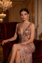 Opulent Champagne Blush Sequin Fringe Plunge V-Neck Formal Gown by ZAPDRESS