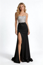 Silver Sparkle Corset Mermaid Gown with Black Satin Skirt by ZAPDRESS