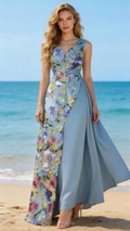 Elegant Sky Blue Floral Print Asymmetrical Maxi Dress by ZAPDRESS