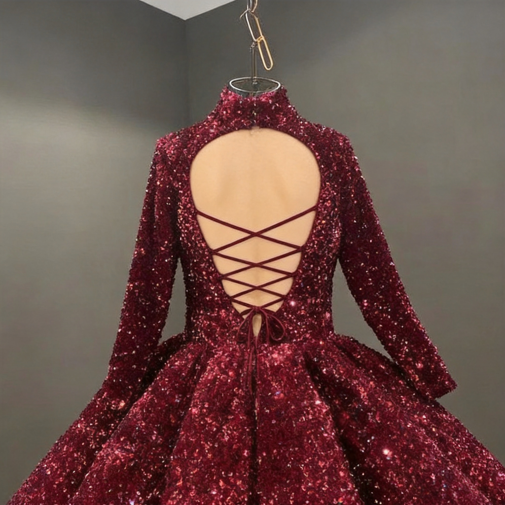 Burgundy Ball Gown Sequin Long Sleeve Quinceanera Dresses Y4442