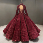Burgundy Ball Gown Sequin Long Sleeve Quinceanera Dresses Y4442