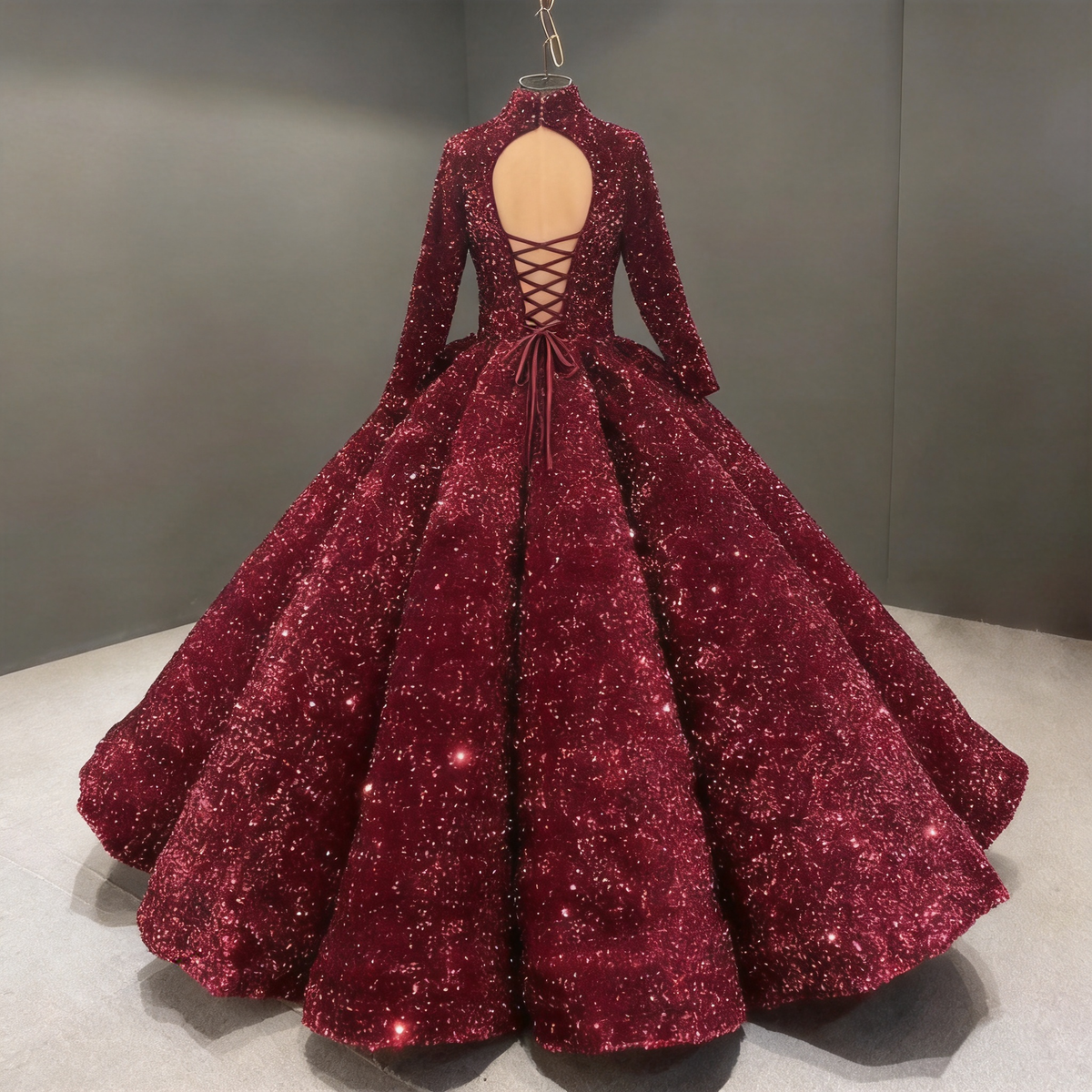 Burgundy Ball Gown Sequin Long Sleeve Quinceanera Dresses Y4442