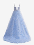 Himmelblaues langes A-Linien-Ballkleid aus Tüll mit Stufenpailletten