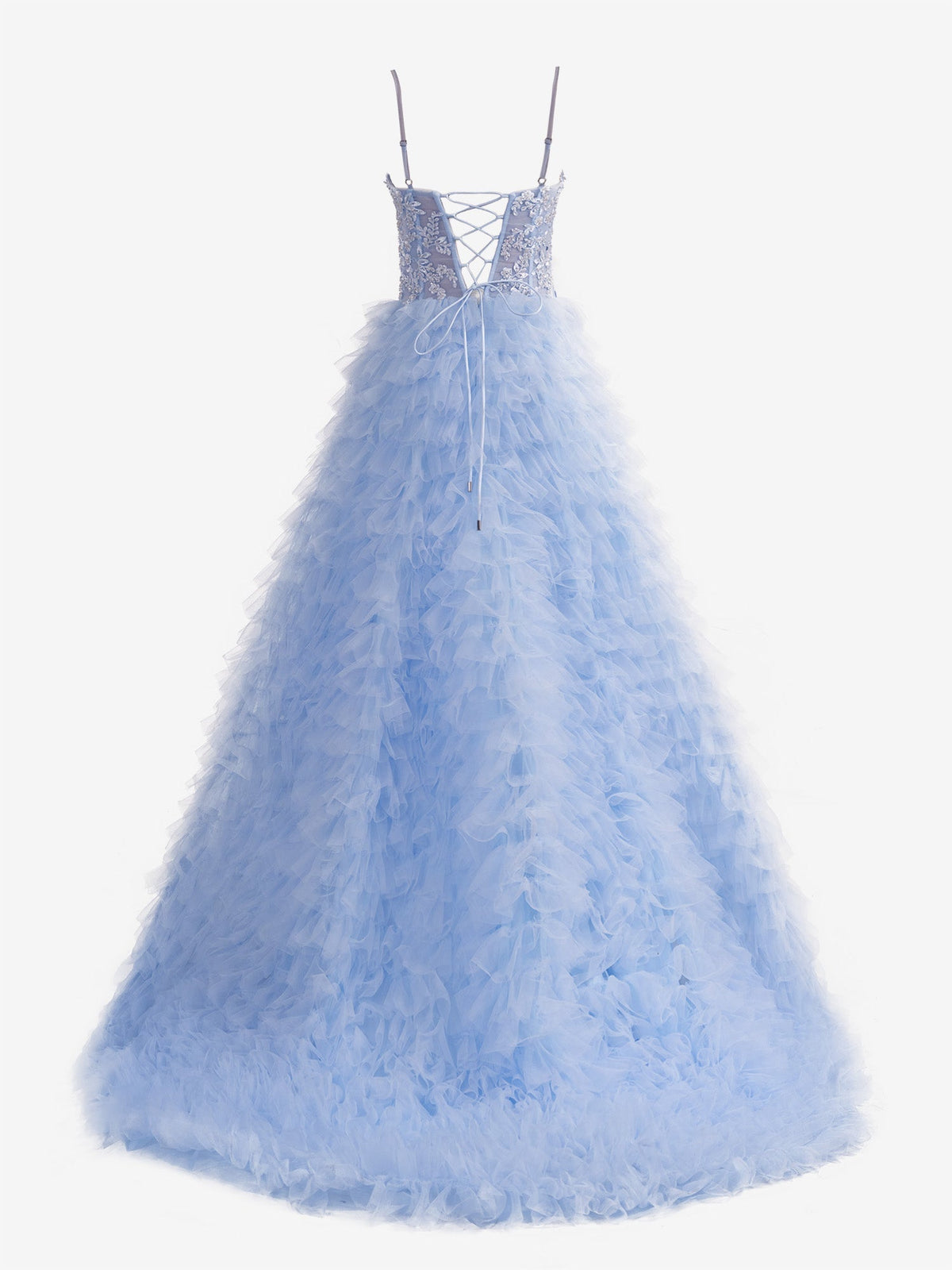 Himmelblaues langes A-Linien-Ballkleid aus Tüll mit Stufenpailletten
