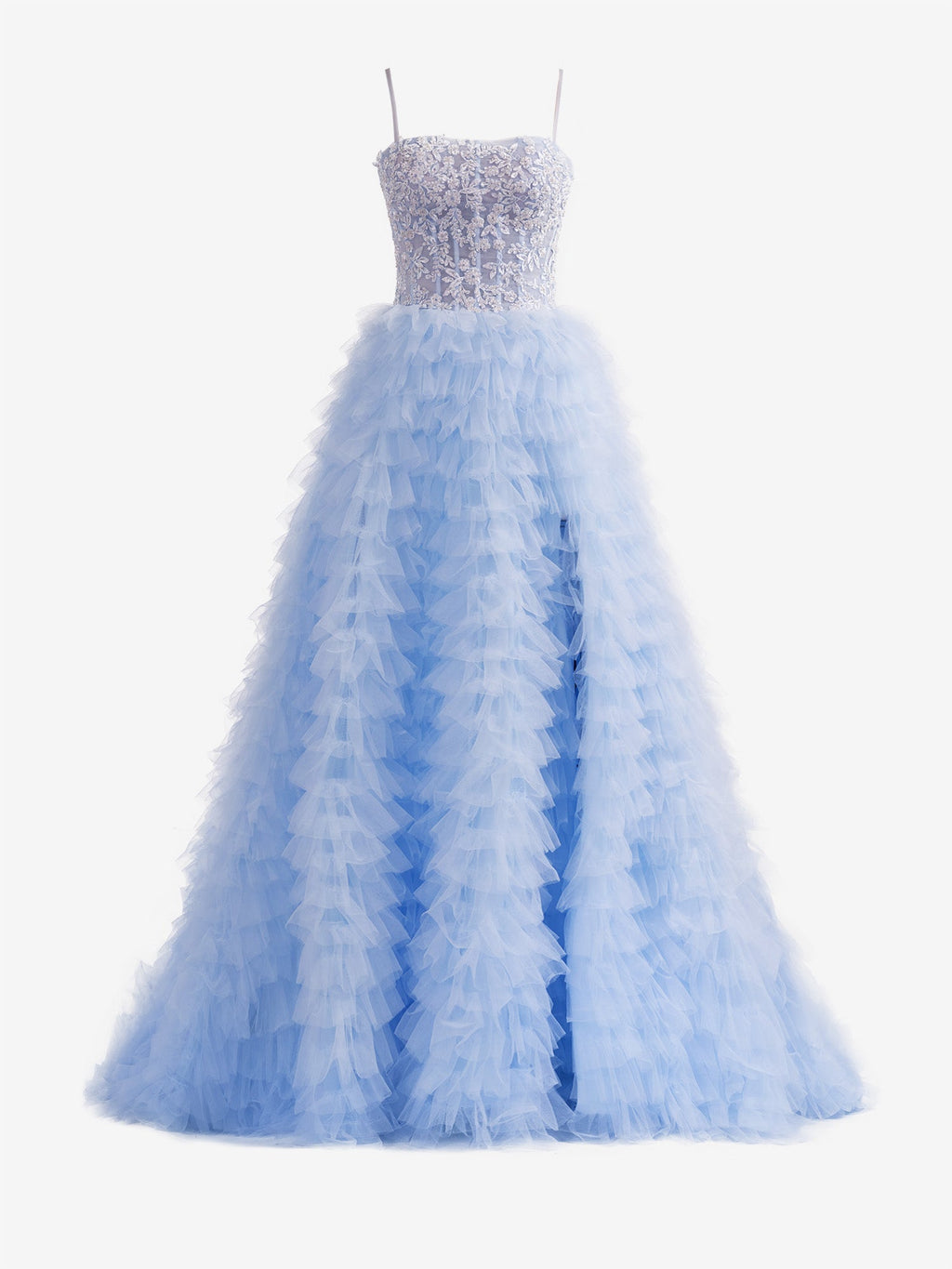 Himmelblaues langes A-Linien-Ballkleid aus Tüll mit Stufenpailletten