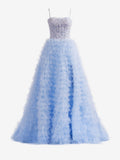 Himmelblaues langes A-Linien-Ballkleid aus Tüll mit Stufenpailletten