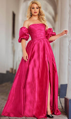 Vestido em Tafetá com Mangas Bufantes e Corte em A