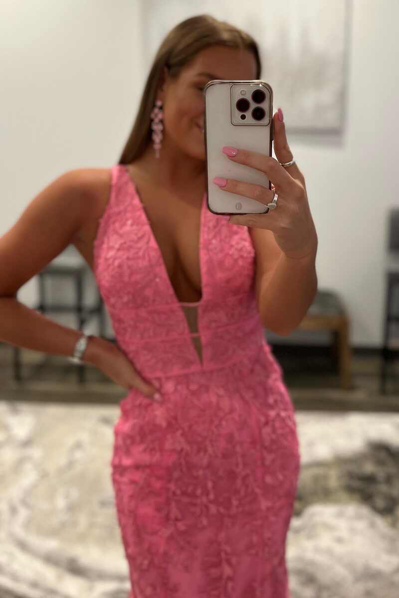 Mermaid Plunge V Neck Lace Prom Dress
