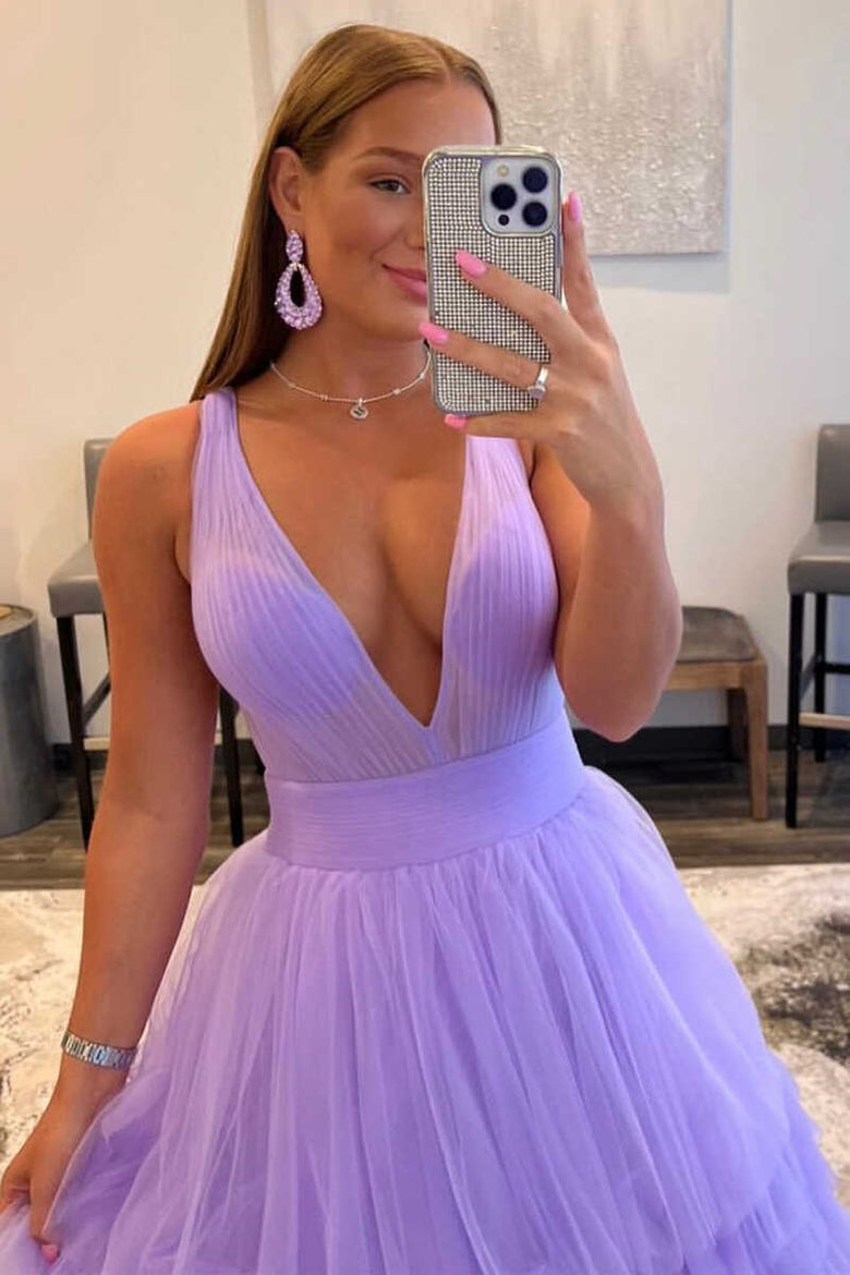 Roycebridal Reese | Langes A-Linien-Ballkleid aus Tüll mit V-Ausschnitt in Orange