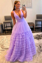 Roycebridal Reese | Langes A-Linien-Ballkleid aus Tüll mit V-Ausschnitt in Orange