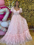 Keisha | Vestido de fiesta con mangas abullonadas en forma de corazón rosa princesa y flor en 3D