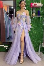 Kylena | Vestido de fiesta sin tirantes en línea A de tul con flores tridimensionales y lavanda