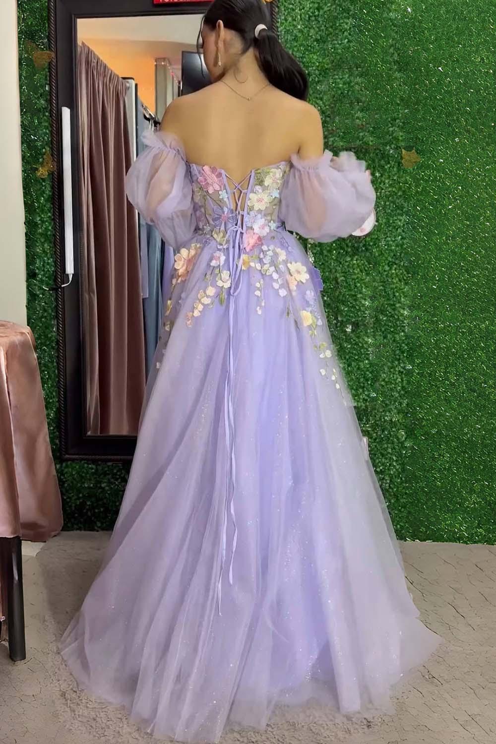 Kylena | Vestido de fiesta sin tirantes en línea A de tul con flores tridimensionales y lavanda