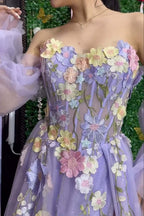 Kylena | Vestido de fiesta sin tirantes en línea A de tul con flores tridimensionales y lavanda