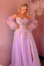 Kylena | Vestido de fiesta sin tirantes en línea A de tul con flores tridimensionales y lavanda