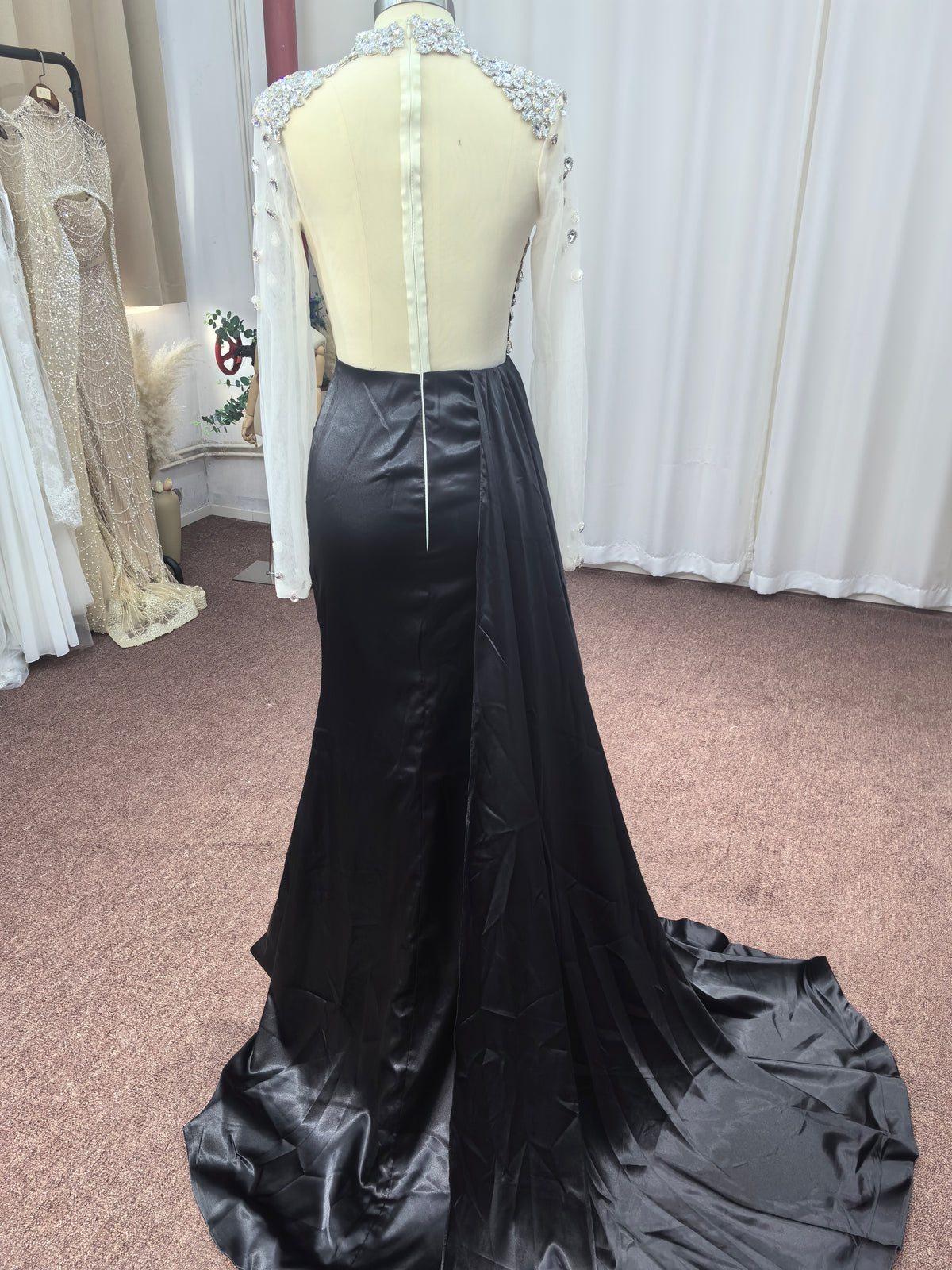Bmbridal Purple Long Sleeves Mermaid Ruffle Gown With Crystals