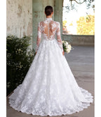 Designer A Line Lace Wedding Dress With Sleeves Satin Train For Church Or Garden