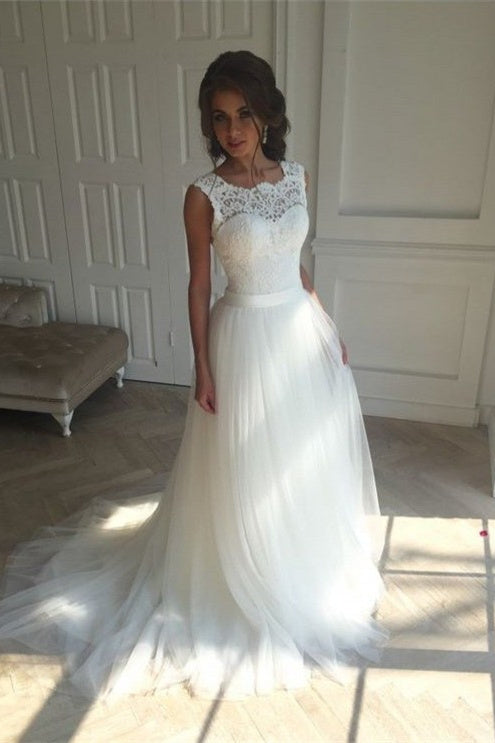 Abito da sposa semplice a trapezio in pizzo, senza maniche, con cintura e schiena scoperta