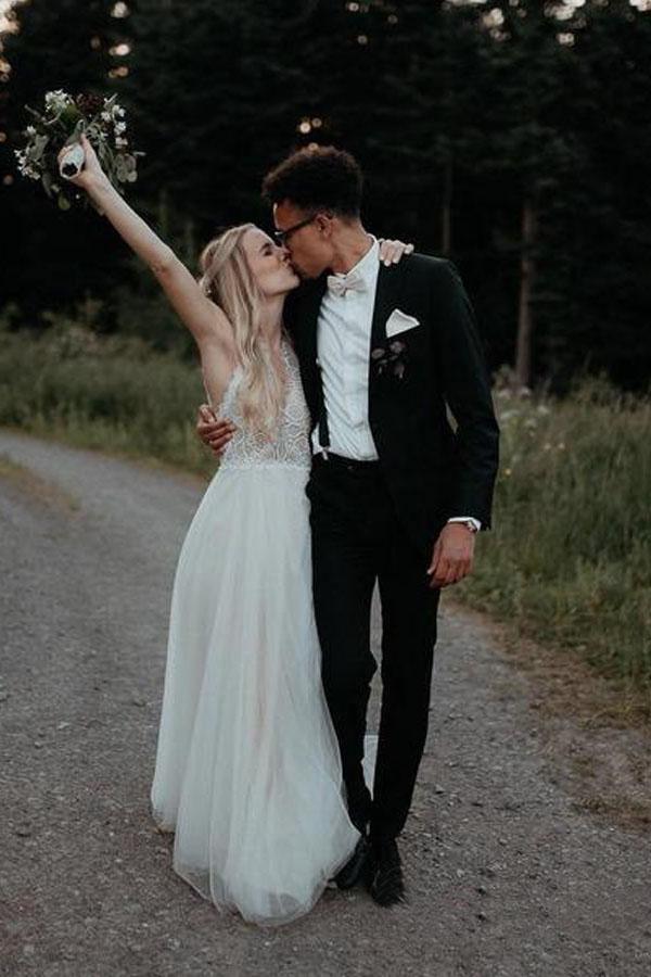 Lace Bodice Tulle Skirt Backless Bridal Gown Minimalist Wedding Dresses