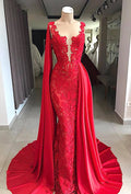 Vestidos longos de noite em renda | Vestidos de baile vermelhos sem mangas com capa
