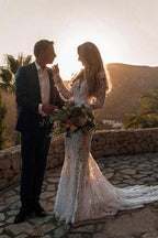 Bohemian Lace Wedding Dress With Long Sleeves Backless Boho Bridal Gown