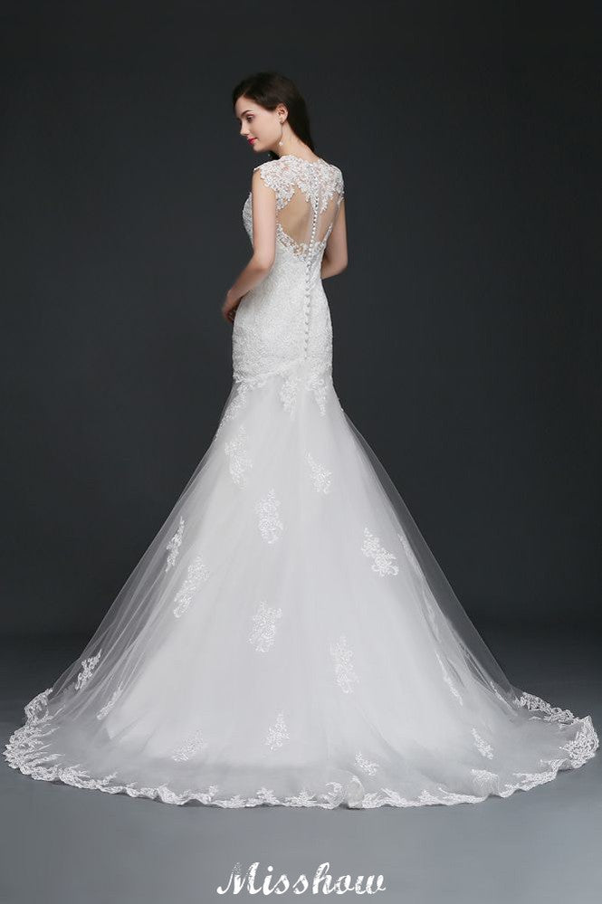 Robe de mariée élégante sirène en dentelle avec bijoux