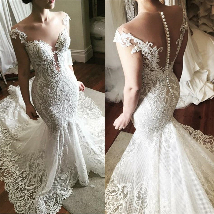 Robe de mariée sirène en dentelle, glamour, en tulle transparent, tenue nuptiale avec boutons