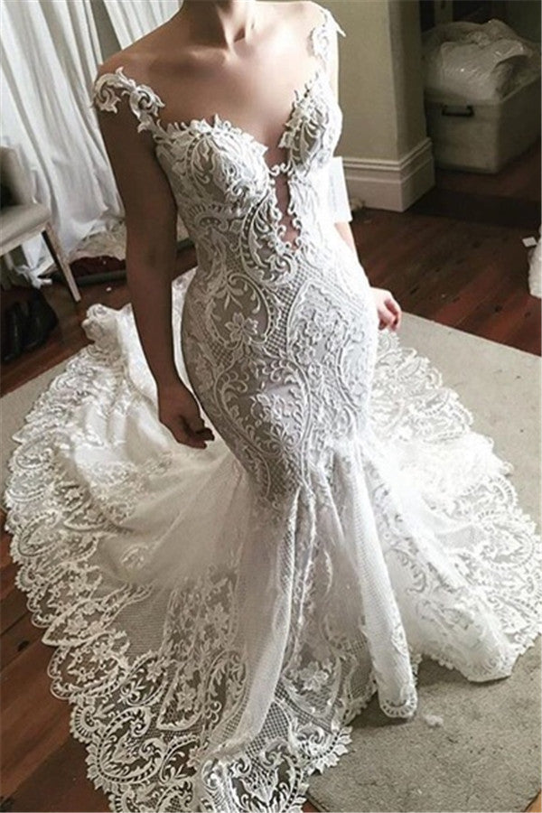 Robe de mariée sirène en dentelle, glamour, en tulle transparent, tenue nuptiale avec boutons