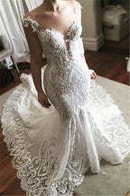 Robe de mariée sirène en dentelle, glamour, en tulle transparent, tenue nuptiale avec boutons