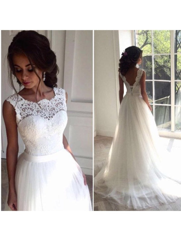 Romantic Boho Lace O Neck Tulle Wedding Dress A Line Gown