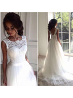 Romantic Boho Lace O Neck Tulle Wedding Dress A Line Gown